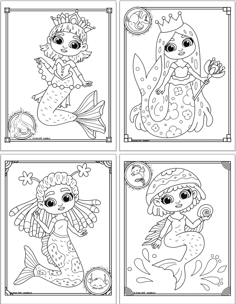A 2x2 grid preview of four printable mermaid coloring pages. Each page has a doodle boarder and a cute mermaid to color. Includes two mermaid princesses and a mermaid holding a seashell.