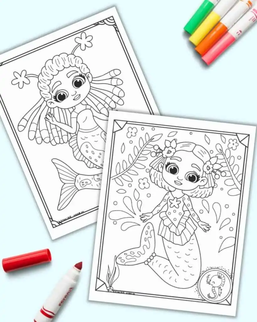 A preview of two mermaid coloring pages for children on a light blue background with colorful children's markers.