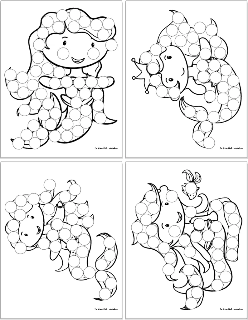 A preview of four printable mermaid themed dot marker coloring pages. Each page has a large black and white mermaid image covered with dots to color in with a dauber marker.