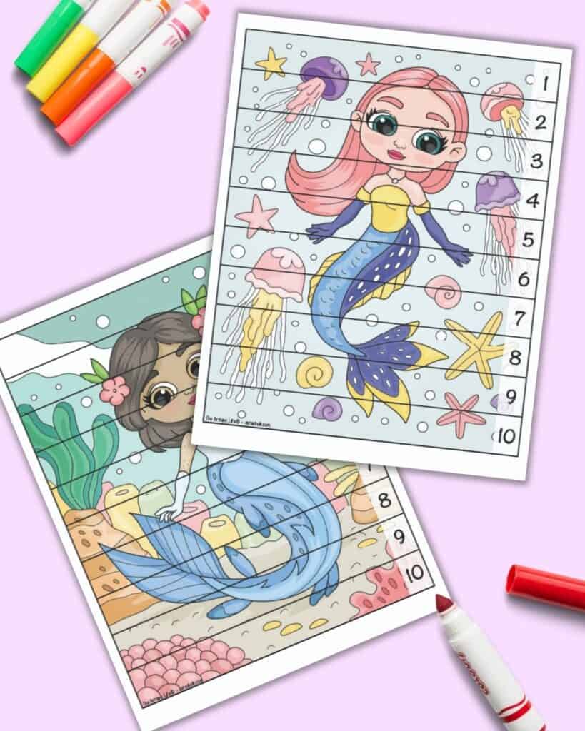 A preview of two free printable mermaid theme number building puzzles for preschoolers and kindergarteners. Each vertical mermaid image has ten pieces to cut out with numbers along the right hand side. Children complete the picture to place the numbers in the correct order 1-10.