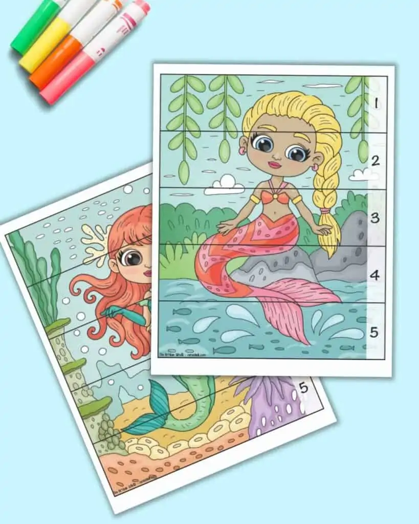 A preview of two free printable mermaid theme number building puzzles for preschoolers and kindergarteners. Each vertical mermaid image has five pieces to cut out with numbers along the right hand side. Children complete the picture to place the numbers in the correct order 1-5.