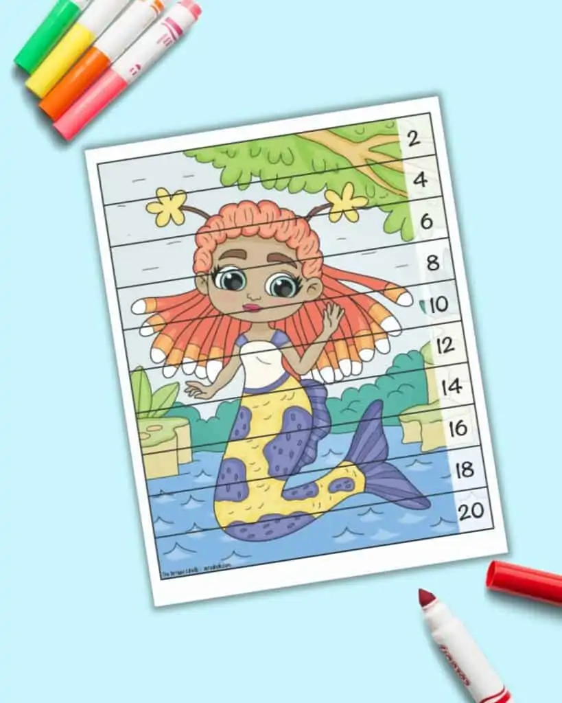 A skip counting by 10s number building puzzle with an image of a mermaid with purple hair and an orange tail