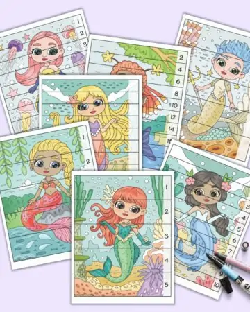 A preview of seven printable mermaid themed number building puzzles for preschoolers and kindergarteners. Each page has horizontal lines to cut the mermaid image into strips that are that resembled correctly by placing the numbers in numerical order.