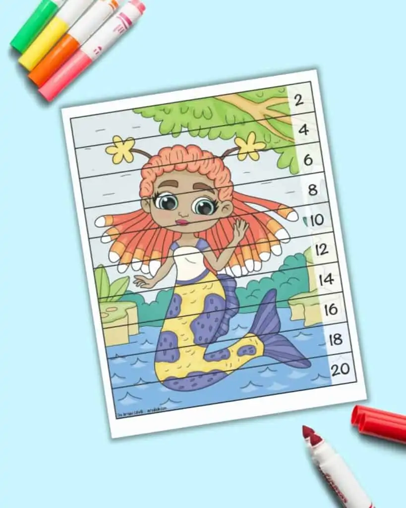 A skip counting by 2's number building puzzle with a mermaid image. The mermaid has orange hair that looks like an anemone and a yellow and purple tail.