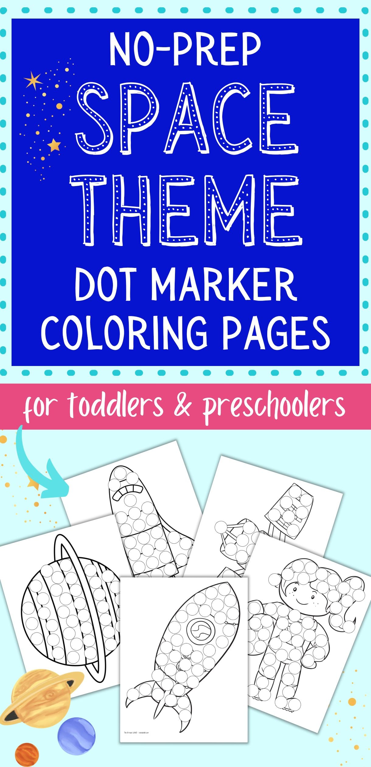 text "no prep space theme dot marker coloring pages for toddlers" with a preview of five outer space dot marker coloring sheets