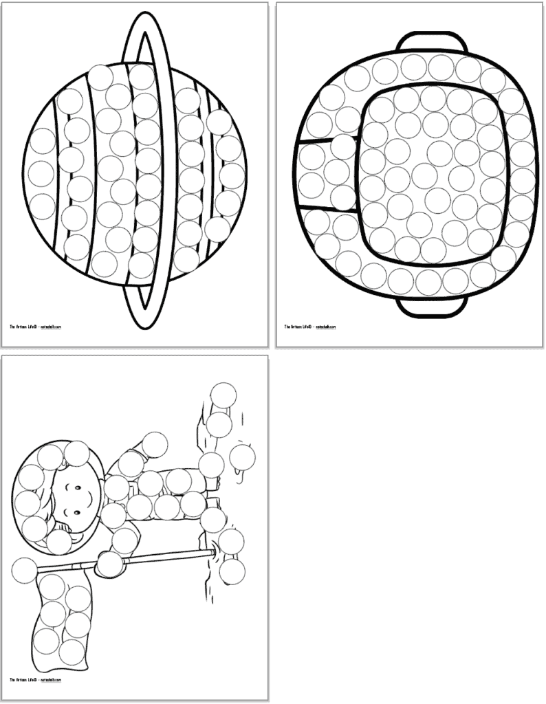 A preview of three printable dot marker coloring pages including a planet with rings, an astronaut helmet, and an astronaut with a flat