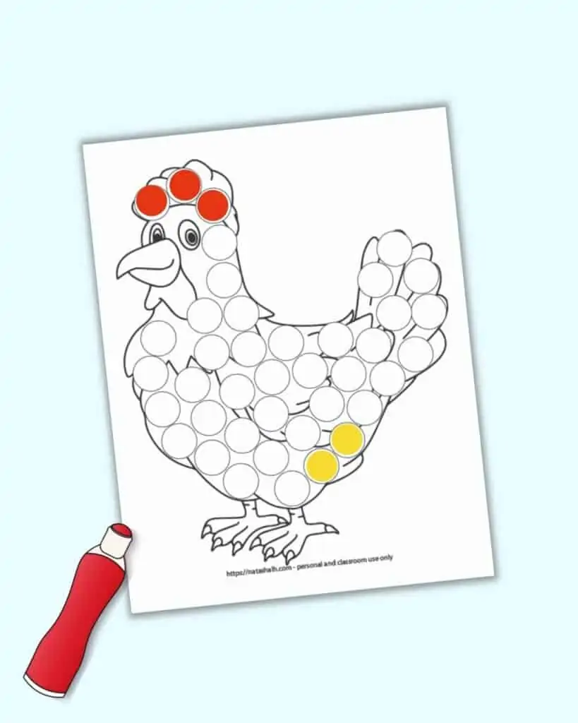 A mockup preview of a dot marker coloring page with a rooster and an illustrated red dauber dot marker