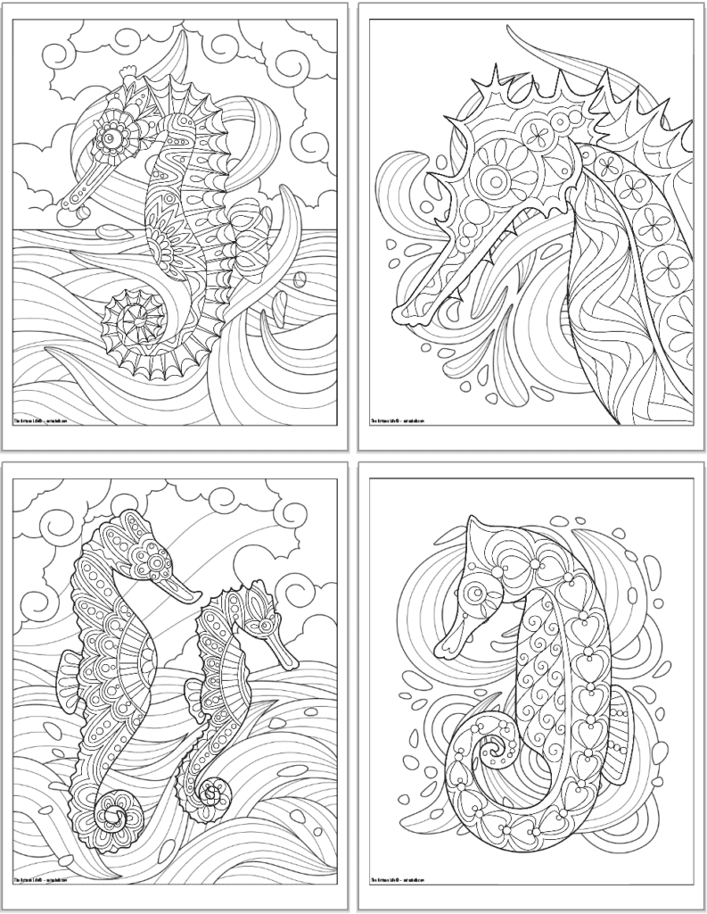 Four printable seahorse coloring pages for adults. Each seahorse has detailed, mandala style designs to color and is on an ocean waves background.