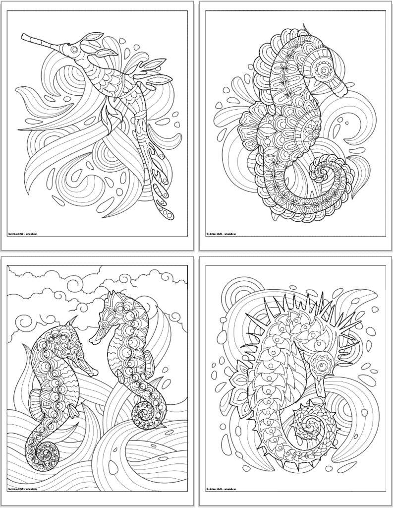 Four printable seahorse coloring pages for adults. The first page has a leafy sea dragon and the third page has two seahorses on the same sheet. Each seahorse has detailed mandala style designs to color.