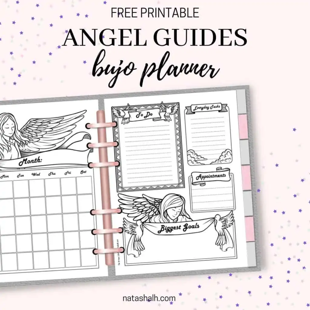 Text "free printable angel guides bujo planner" above a preview of an open planner with an angel themed monthly calendar and an angle themed daily log page