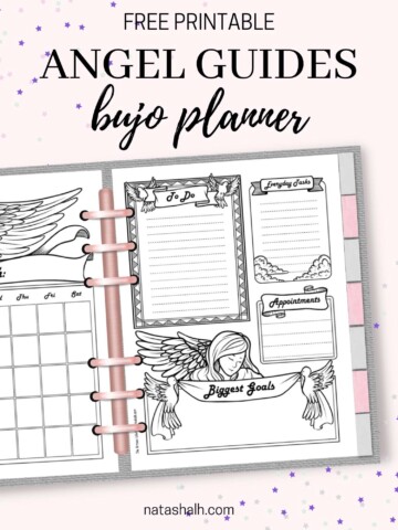 text "Free printable angle guides bujo planner" above a mockup of an open ring planner with an angle themed daily log page