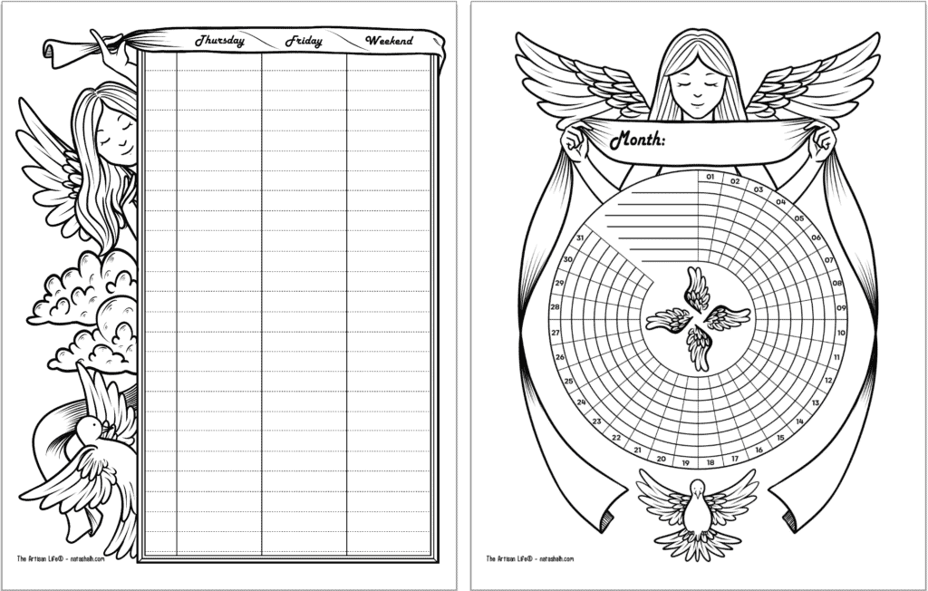 A side by side preview of two free printable planner pages with a guardian angel theme. The pages are black and white. From left to right they are: the second half of a two page weekly spread and a habit tracker.