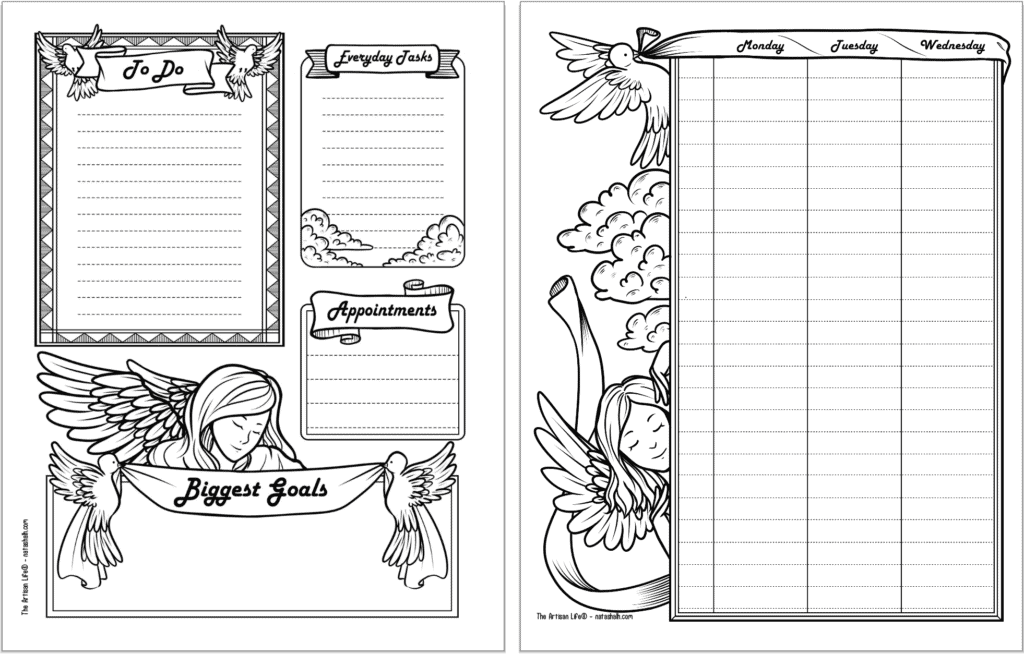 A side by side preview of two free printable planner pages with a guardian angel theme. The pages are black and white. From left to right they are: a daily log and one page of a weekly log.