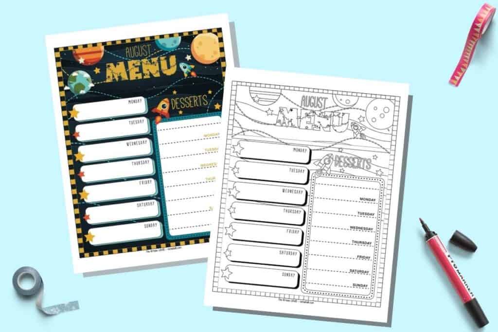 A preview of two free printable August weekly menu planners with an outer space theme. The pages are on a light blue background.