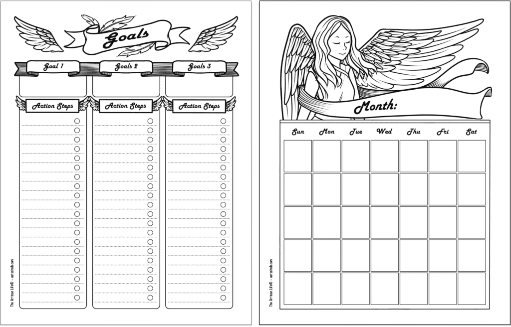 A side by side preview of two free printable planner pages with a guardian angel theme. The pages are black and white. From left to right they are: a goals tracker and an undated monthly calendar page