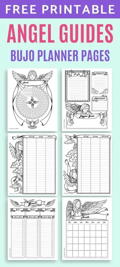 Text "free printable angel guides bujo planner" above a 2x3 grid with previews of six planner pages including: daily log, two page weekly spread, goals tracker, habit tracker, and undated monthly calendar. 