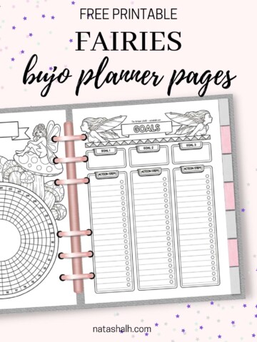 text "free printable fairies bujo planner pages" with a preview of an open notebook with a black and white fairy themed habit tracker and goals planner printable