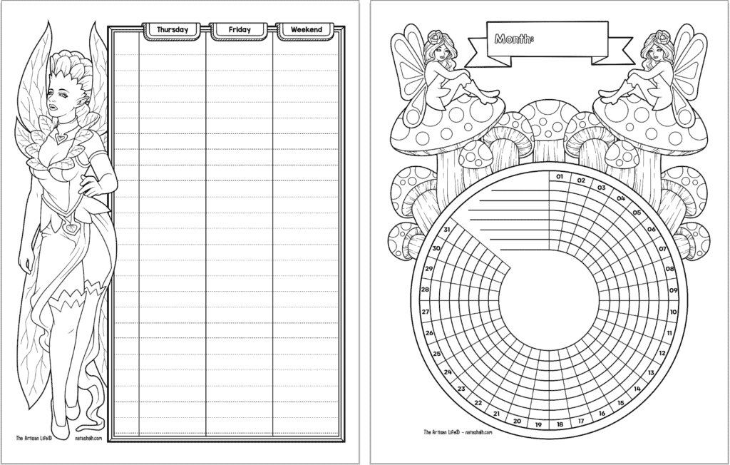 A preview of two pages of fairy planner printable in black and white. On the left is the second half of a two page vertical spread, on the right is a habit tracker.