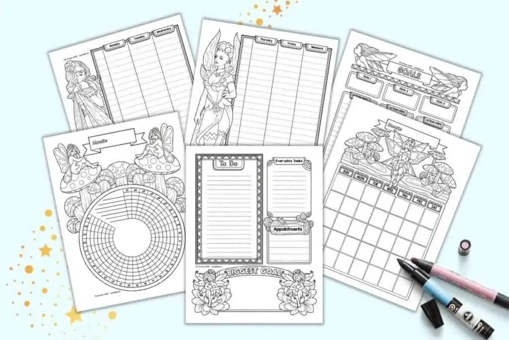 A preview of six black and white fairy themed planner pages including a goal trackers daily log, two page weekly spread, monthly calendar, and habit tracker.
