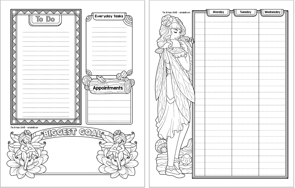 A preview of two pages of fairy planner printable in black and white. On the left is a daily log, on the right is a weekly log with days Monday - Wednesday.