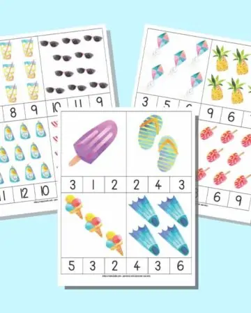 a preview of three pages of preschool count and clip cards. Each page has four cards with 1-12 clipart images and numbers along the bottom of each card so a child can select the correct number of items shown.