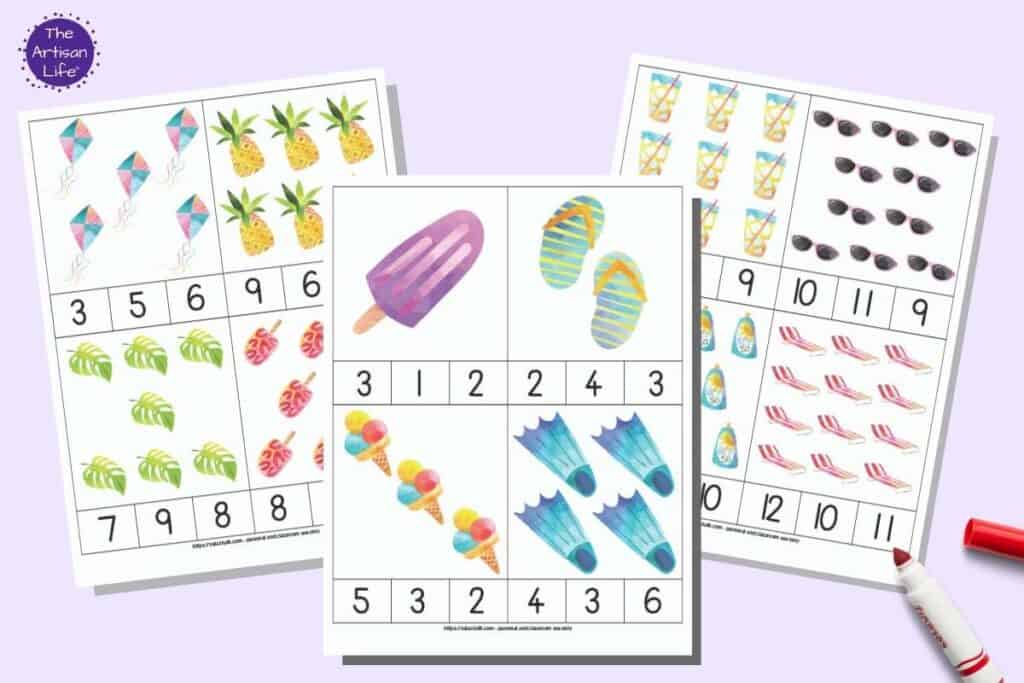 A preview of three pages of printable summer theme count and clip cards. Each page has four cards with summer clipart and numbers 1-12