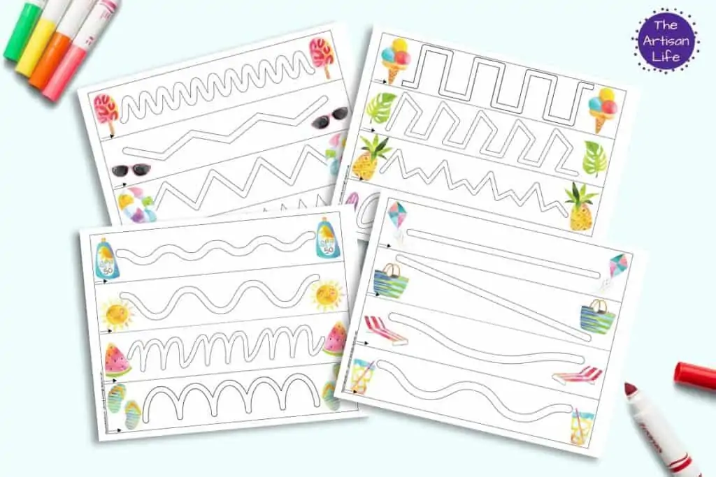 A preview of four free printable trace in the path prewriting practice pages for preschoolers. Each page has four paths to trace and summer themed watercolor illustrations. 