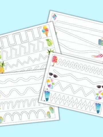 A preview of four free printable summer themed trace int eh path pages for preschoolers. Each page has four simple paths to trace and summer themed clipart.