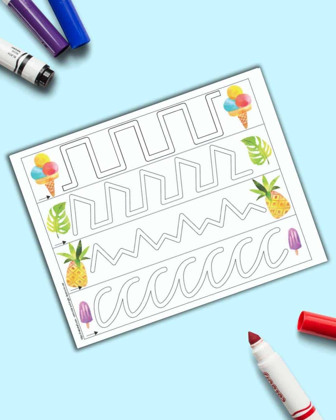 A page with four tracing paths and summer clipart at the beginning and end of each path