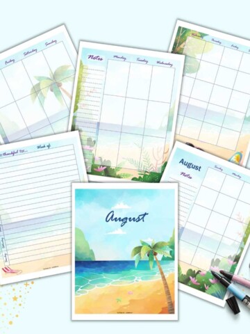 A preview of six beach theme planner pages for August with a cover page, gratitude journal, two page undated calendar, and two page weekly vertical spread.