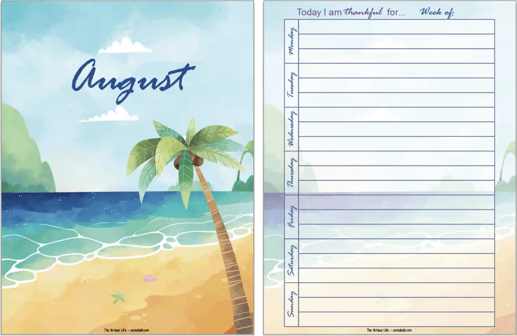 Two planner pages side by side with a beach theme. Pages shown are an August cover page and a gratitude journal page.