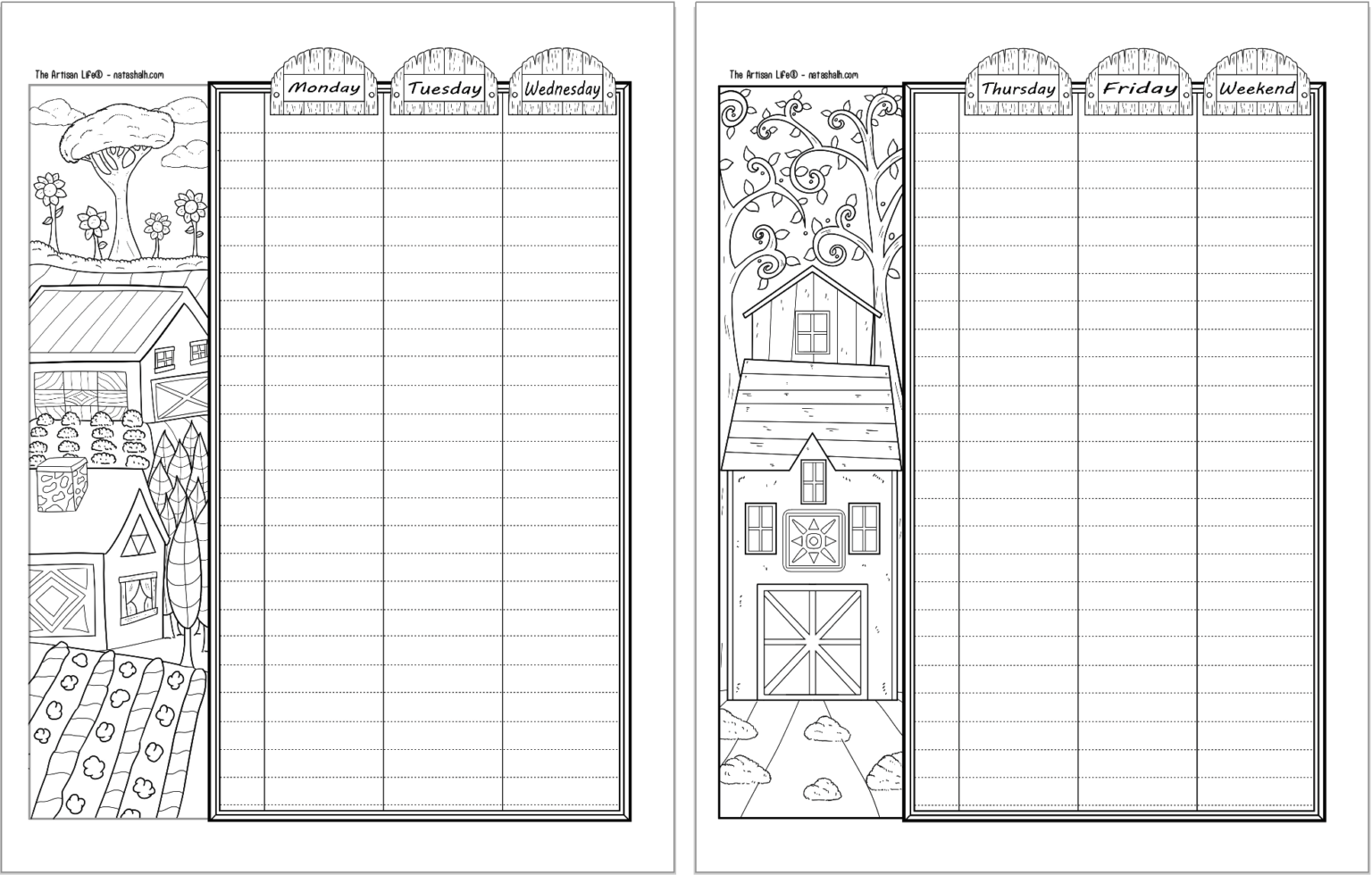 Two printable bujo style planner printables with a folk art barn theme. The pages are a two page weekly spread.