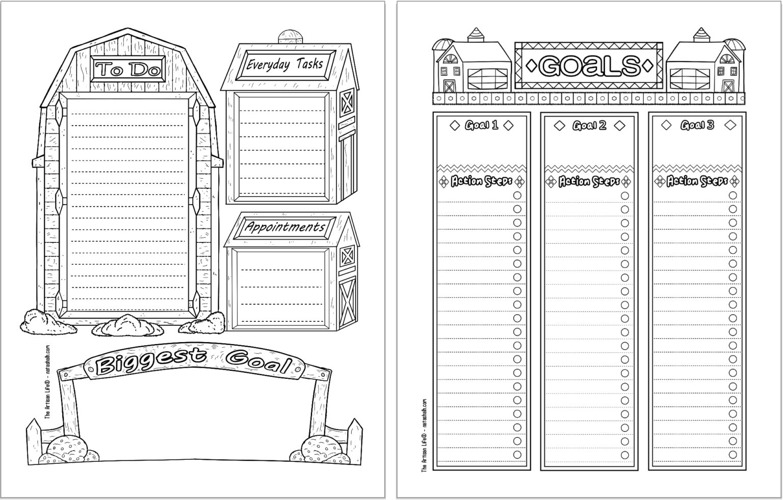 Two printable bujo style planner printables with a folk art barn theme. Pages are: a daily log and a goals planner