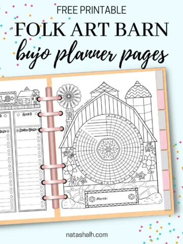 Text "free printable folk art barn boho planner pages" above a mockup of an open planner with a barn themed habit tracker and goals tracker page