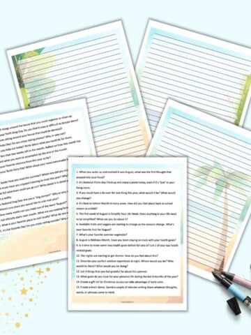 A preview of five printable journaling pages for August. Two pages have a total of 31 journal prompts for adults. Three pages are lined for journaling and note taking. The pages are on a light blue background with two scrapbooking markers