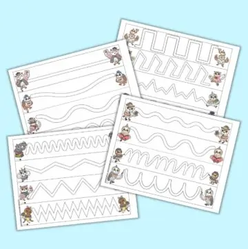 A preview of four pages of prewriting practice tracing paths for preschoolers. Each page has four paths. A school themed owl is to the left and right of each tracing path. The pages are on a blue background