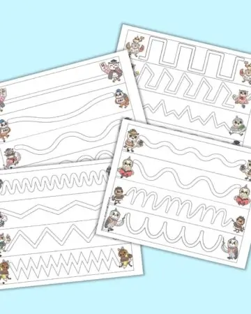 A preview of four pages of prewriting practice tracing paths for preschoolers. Each page has four paths. A school themed owl is to the left and right of each tracing path. The pages are on a blue background