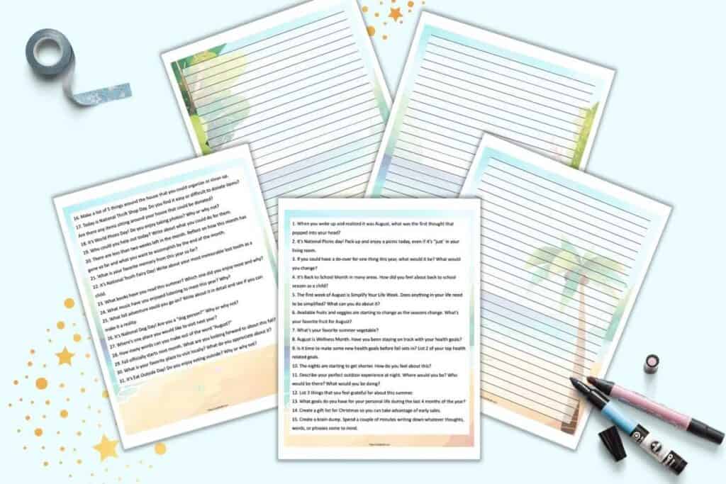 A preview of five printable journaling pages for August. Two pages have a total of 31 journal prompts for adults. Three pages are lined for journaling and note taking.