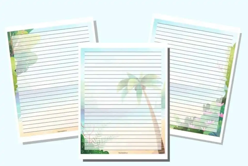 A preview of three lined journal/note pages with a beach theme. Each page has a beach scene in the background behind the lined area.