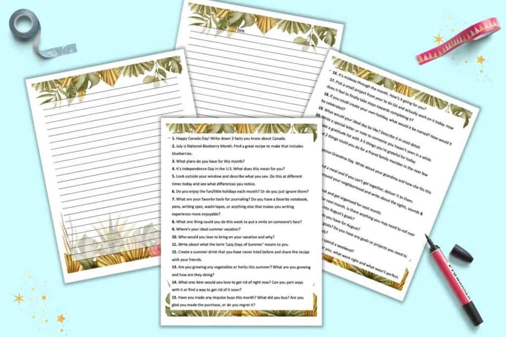 A preview of two pages of journal writing prompts for adults for July and two lined journal page printables. The top and bottom fo each page have neutral color palette boho tropical watercolor flowers.