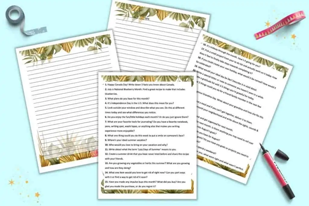 A preview of two pages of journal writing prompts for adults for July and two lined journal page printables. The top and bottom fo each page have neutral color palette boho tropical watercolor flowers.