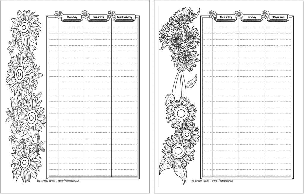 A preview of two weekly log tracker pages with blank spaces to fill in the times. Both pages have sunflowers to color.