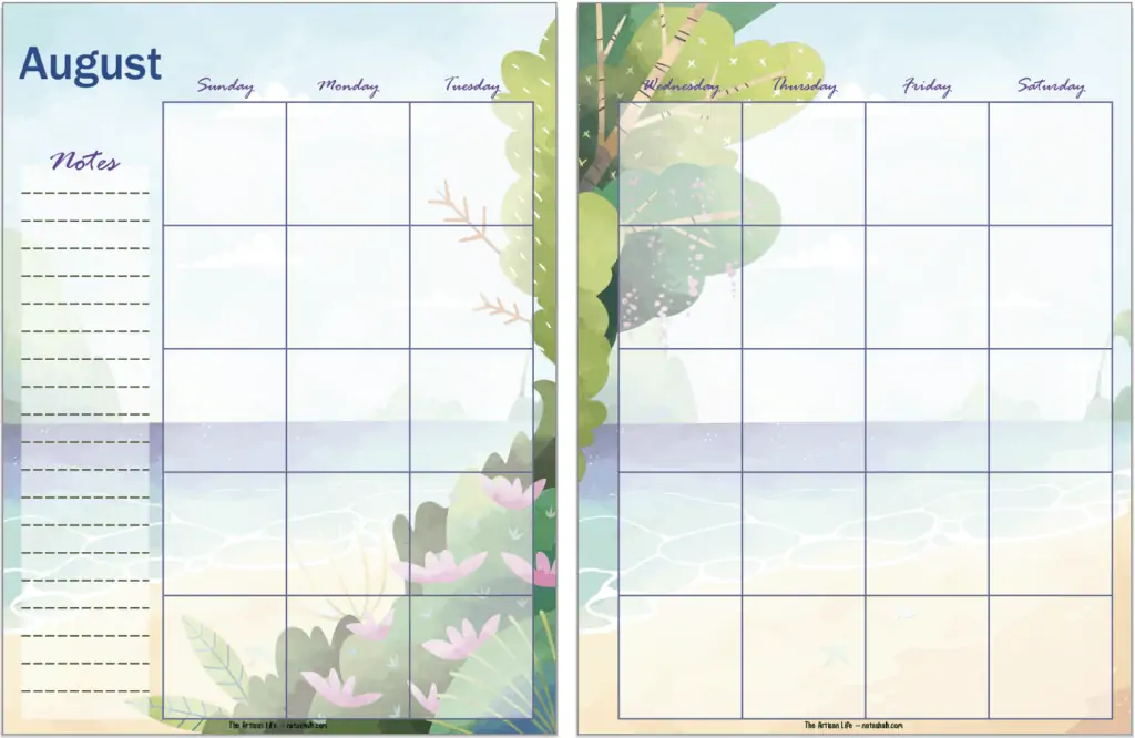 Two planner pages side by side with a beach theme. The pages are a two page undated August calendar spread.