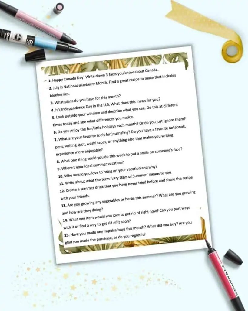 A preview of a page with 15 journal writing prompts for adults. The top and bottom of the page have neutral color palette boho tropical watercolor flowers.