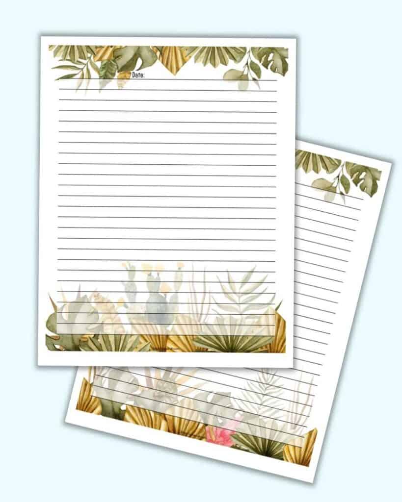 A preview of two pages of lined journal page. The top and bottom of each page has a border with neutral color palette boho tropical watercolor flowers.