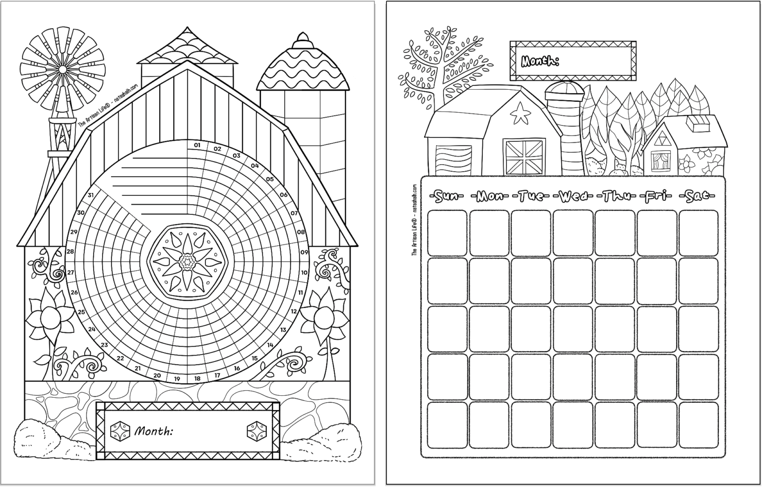Two printable bujo style planner printables with a folk art barn theme. Pages are: A 31 day habit tracker and a monthly calendar page.
