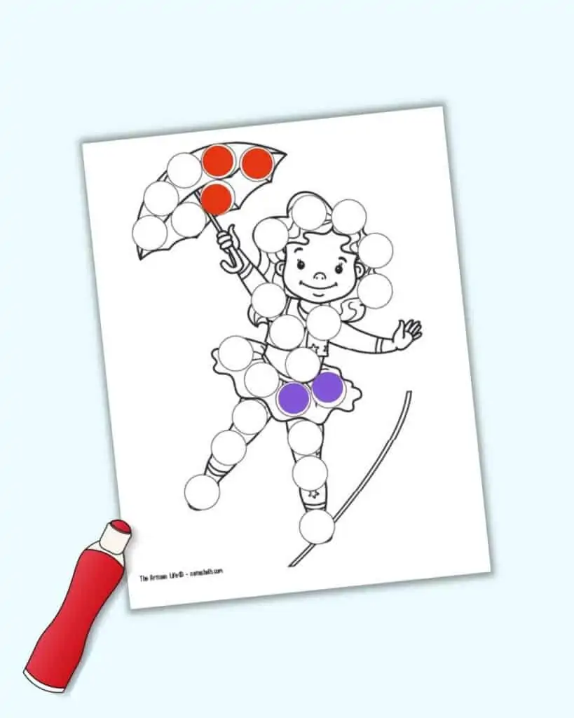A preview of a dot marker coloring page with a girl on a tightrope. Her umbrella has three red dots and her skirt has two purple dots.