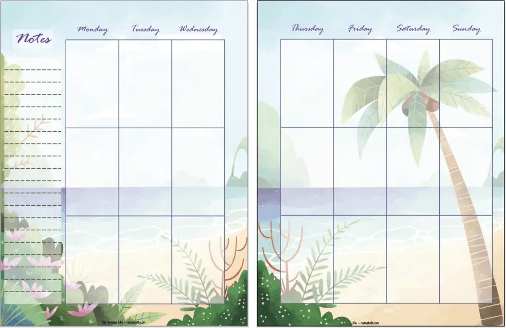 Two planner pages side by side with a beach theme. The pages are an undated two page vertical weekly spread