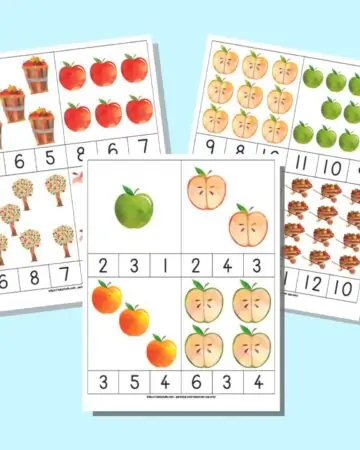 A preview of six pages of printable apple theme count and clip cards. Each page has four cards with clipart and three numbers below each set of images. One number in each set correctly represents the number of clipart images. The pages are on a light blue background.