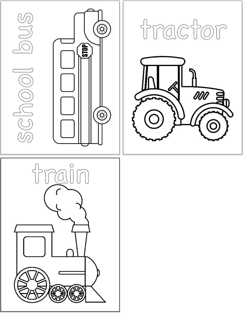 A preview of three vehicle themed coloring pages with: a school bus, a tractor, and a train.